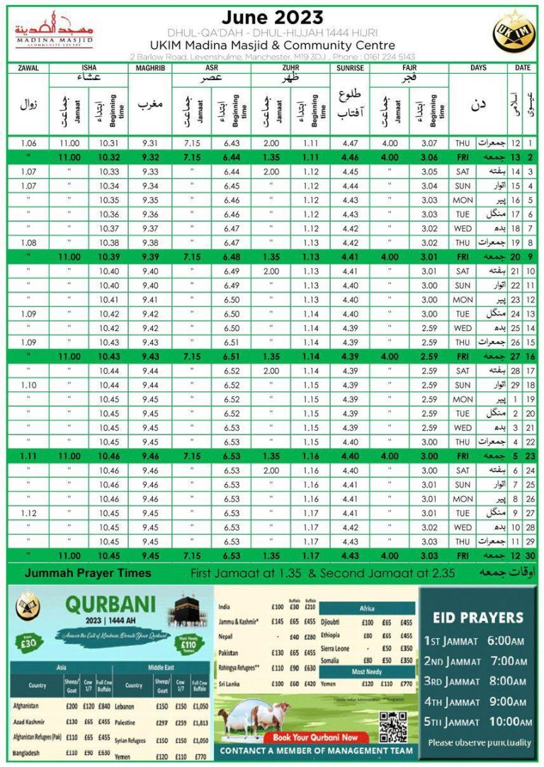Prayer Time Madina Masjid Levenshulme